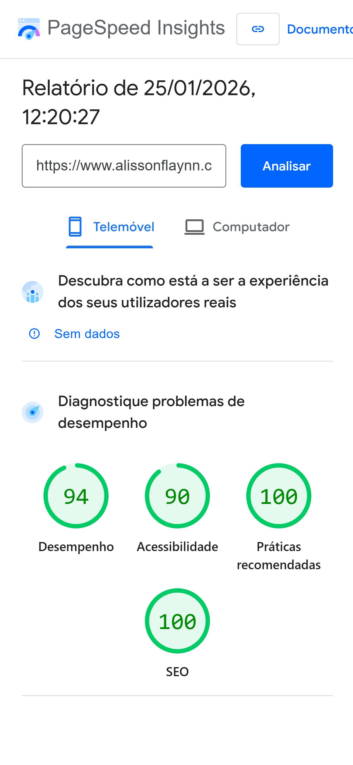 Screenshot do PageSpeed Mobile mostrando nota 97
